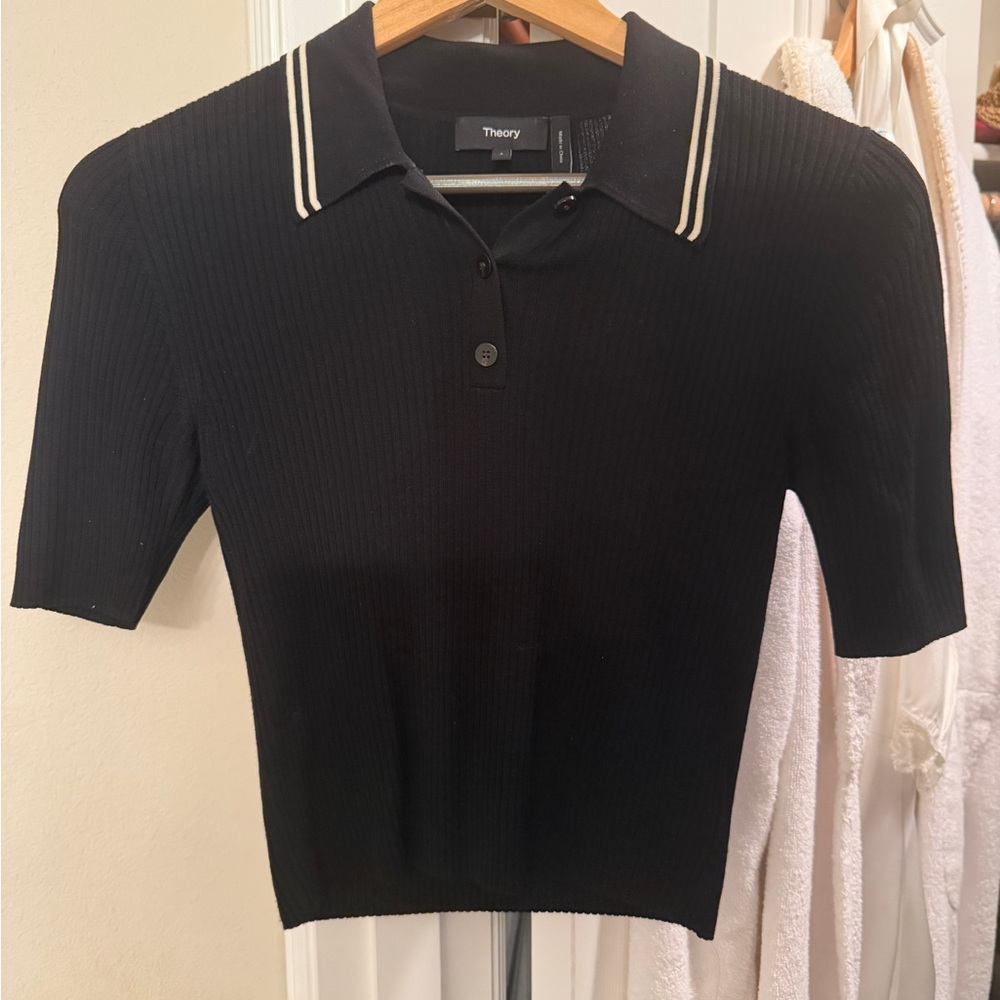 Theory Black Short-Sleeve Ribbed Polo with White Stripe Collar